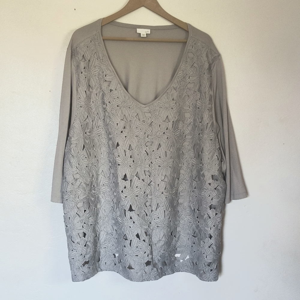 J.Jill Gray Crochet Lace Overlay 3/4 Sleeve Blouse Sz 4XL Women